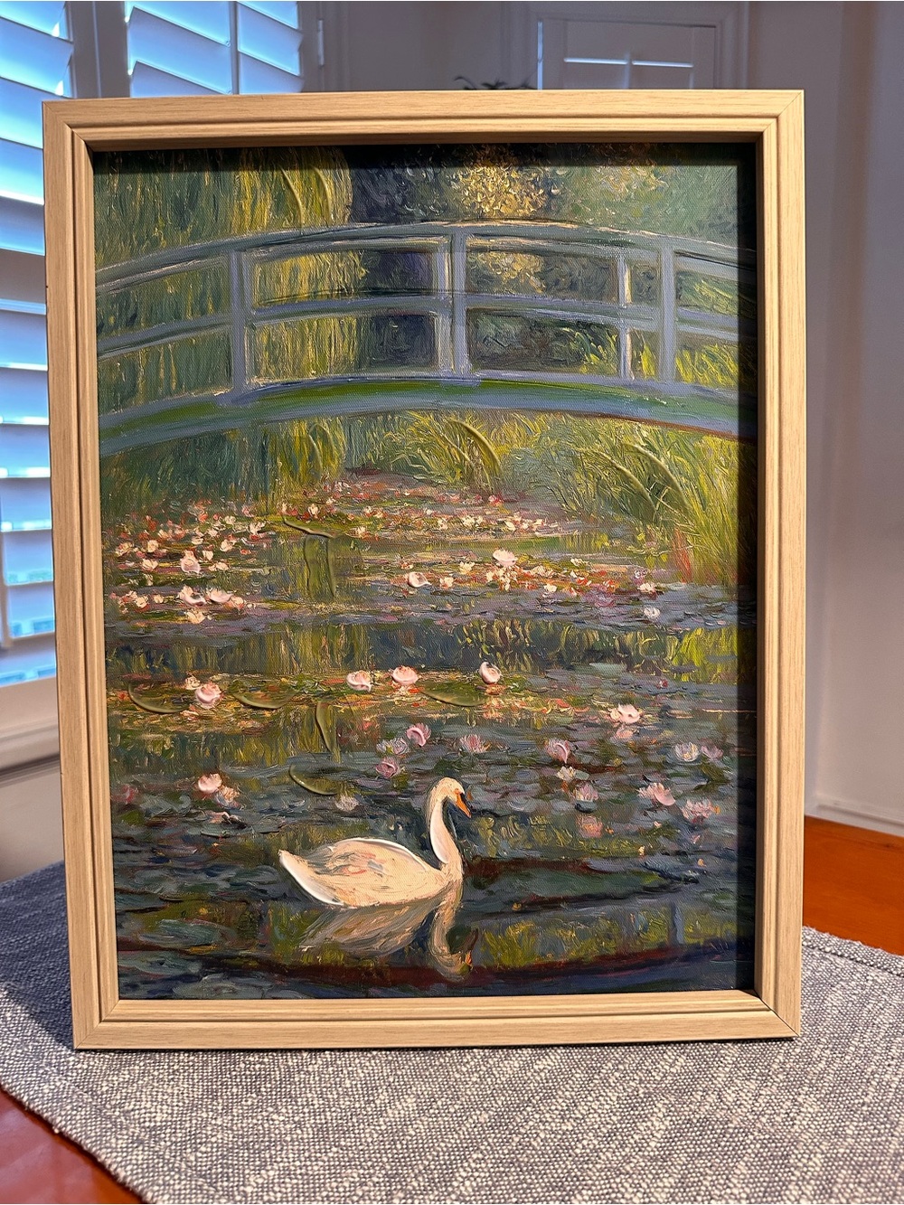 14x18” Bridge over a Pind of Water Lilies with Swan oil vintage style new art